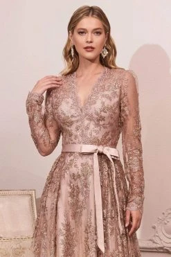 Cinderella Divine - CD233 Sheer Long Sleeve V-neck Evening Gown 7 Cinderella Divine - CD233 Sheer Long Sleeve V-neck Evening Gown