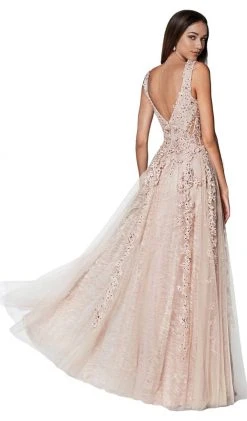Cinderella Divine - CD4091 Plunging Illusion Side Lace A-Line Gown