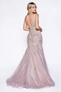 Cinderella Divine - CDS321 Gold Lace Applique Fitted Mermaid Gown