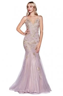 Cinderella Divine - CDS321 Gold Lace Applique Fitted Mermaid Gown