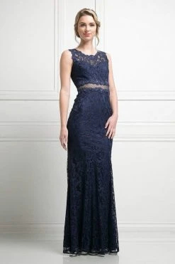 Cinderella Divine - CF067L Floral Lace Mock Two-Piece Sheath Long Formal Dress