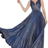 Formal Gowns Cinderella Divine - CH211 Plunging V-Neck Pleated Glitter Dress