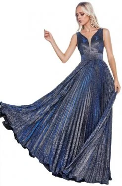 Formal Gowns Cinderella Divine - CH211 Plunging V-Neck Pleated Glitter Dress