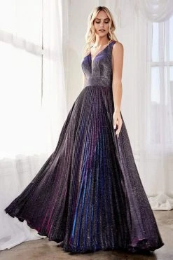 Formal Gowns Cinderella Divine - CH211 Plunging V-Neck Pleated Glitter Dress 9 Formal Gowns Cinderella Divine - CH211 Plunging V-Neck Pleated Glitter Dress
