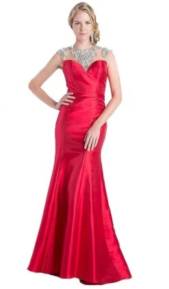 Formal Gowns Cinderella Divine - CJ221 Embellished Illusion Jewel Neck Trumpet Dress
