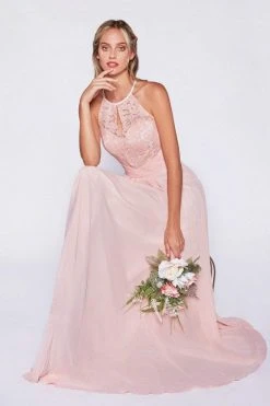 Formal Gowns Cinderella Divine - CJ228 High Halter Lace Bodice A-Line Evening Gown 16 Formal Gowns Cinderella Divine - CJ228 High Halter Lace Bodice A-Line Evening Gown