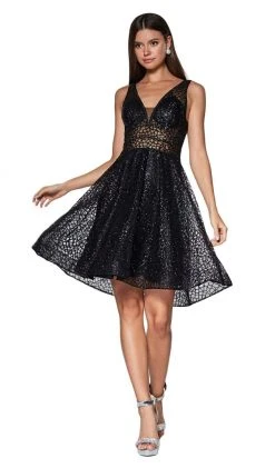 Cinderella Divine - CJ256-S V-Neck Metallic Glitter Cocktail Dress Cocktail Dresses