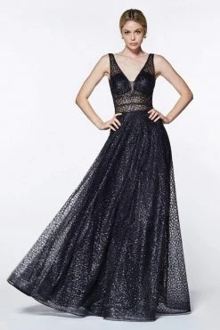 Formal Gowns Cinderella Divine - CJ256 V-Neck Glitter Print A-Line Prom Gown 19 Formal Gowns Cinderella Divine - CJ256 V-Neck Glitter Print A-Line Prom Gown