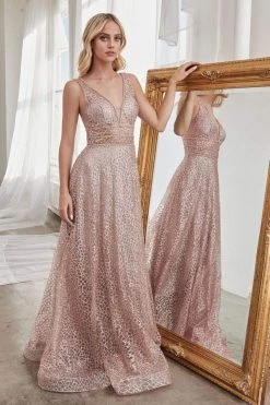 Formal Gowns Cinderella Divine - CJ256 V-Neck Glitter Print A-Line Prom Gown