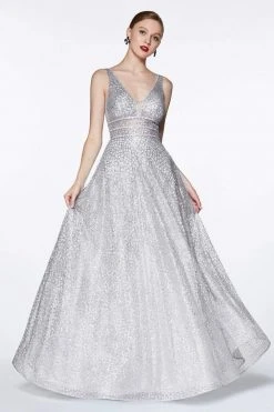 Formal Gowns Cinderella Divine - CJ256 V-Neck Glitter Print A-Line Prom Gown 25 Formal Gowns Cinderella Divine - CJ256 V-Neck Glitter Print A-Line Prom Gown