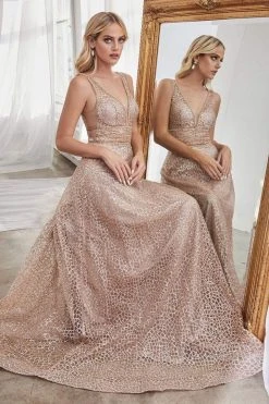 Formal Gowns Cinderella Divine - CJ256 V-Neck Glitter Print A-Line Prom Gown 16 Formal Gowns Cinderella Divine - CJ256 V-Neck Glitter Print A-Line Prom Gown