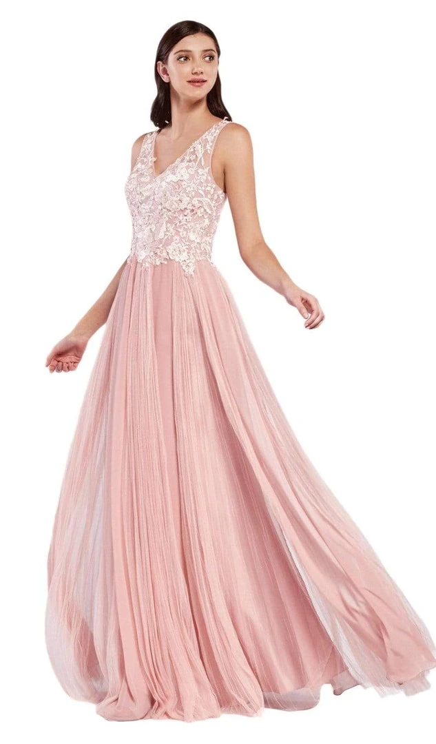 Formal Gowns Cinderella Divine - CJ528 Lace V-neck Tulle A-line Gown 3 Formal Gowns Cinderella Divine - CJ528 Lace V-neck Tulle A-line Gown