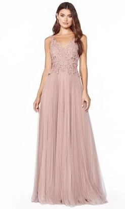 Cinderella Divine - CJ536 Lace Appliqued A-Line Evening Dress Formal Gowns