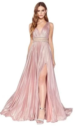 Cinderella Divine - CJ537 Deep V-neck Beaded A-line Gown Formal Gowns