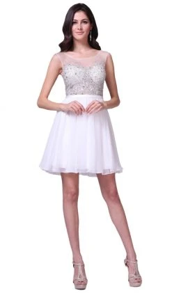 Cinderella Divine - CJ90S Sleeveless Bejeweled Illusion Bateau A-line Dress Cocktail Dresses