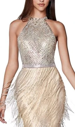 Cinderella Divine - CK820 Geo-Beaded High Halter Fringed Gown Formal Gowns