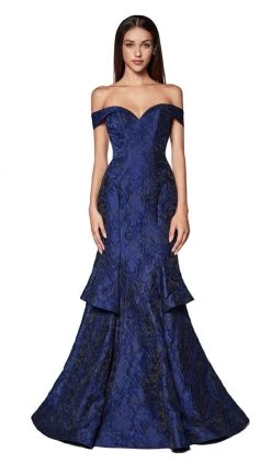 Cinderella Divine - CK849 Off Shoulder Tiered Brocade Trumpet Gown Formal Gowns
