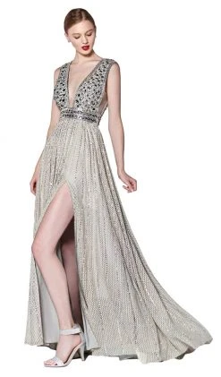Formal Gowns Cinderella Divine - CK892 Plunging Geo-Beaded Bodice High Slit Gown