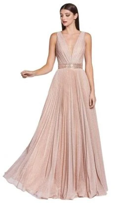 Cinderella Divine - CM9086 Deep V-neck Beaded Pleated A-line Dress Formal Gowns