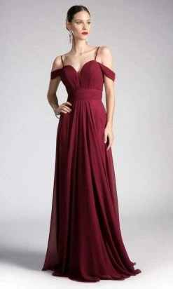 Formal Gowns Cinderella Divine - Cold Shoulders Ruched Bodice A-Line Gown CJ241 - 1 Pc Burgundy In Size 6 Available