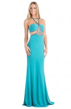 Formal Gowns Cinderella Divine - CP812 Jeweled Sheer Midriff Sheath Gown