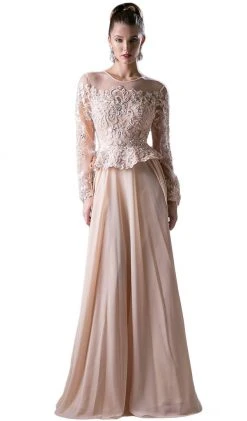Formal Gowns Cinderella Divine - CR772 Long Sleeve Embellished Peplum A-line Evening Gown