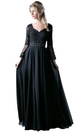 Cinderella Divine - CR773 Long Bell Sleeve Lace Ornate A-Line Long Evening Gown Formal Gowns