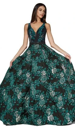 Cinderella Divine - CR821 Deep V-neck Brocade A-line Gown