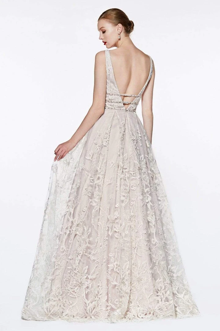 Cinderella Divine - CR823 Floral Lace Deep V-neck A-line Gown Formal Gowns 4 Cinderella Divine - CR823 Floral Lace Deep V-neck A-line Gown Formal Gowns