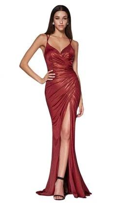 Cinderella Divine - CR825 Metallic Wrap-Style High Slit Gown Formal Gowns