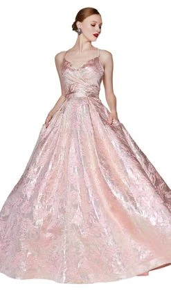 Cinderella Divine - CR827 Brocade V-neck Ballgown Formal Gowns