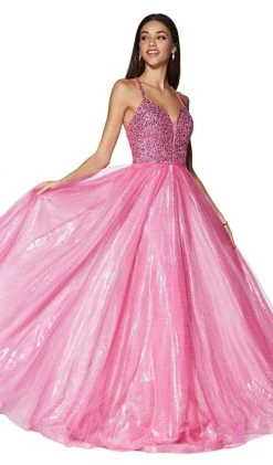 Cinderella Divine - CR835 Beaded Sleeveless Top Metallic Organza Gown Formal Gowns