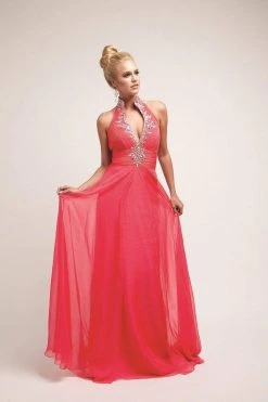 Cinderella Divine - Crystal Embellished Ruched High Neck Evening Dress Formal Gowns