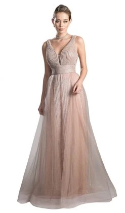 Formal Gowns Cinderella Divine - CT0040 Metallic Knit Deep V-neck A-line Dress