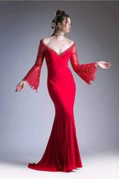 Cinderella Divine - Embellished Lace Bell Sleeve Sheath Dress Formal Gowns