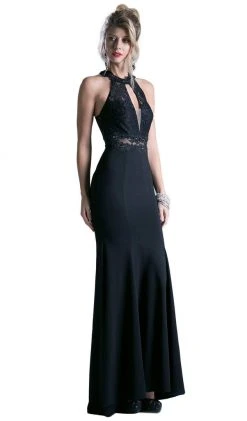 Formal Gowns Cinderella Divine - CF102 Embellished Lace Halter Fitted Dress