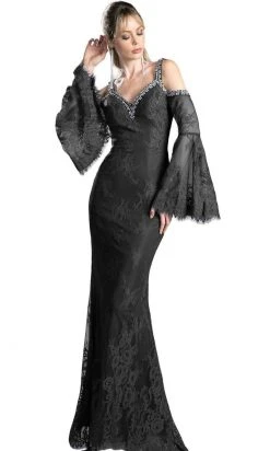 Cinderella Divine - Embellished Lace Long Bell Sleeve Sheath Dress Formal Gowns