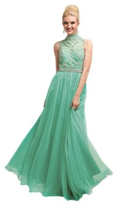 Cinderella Divine - 7952 Embroidered High Neck Chiffon Dress Formal Gowns