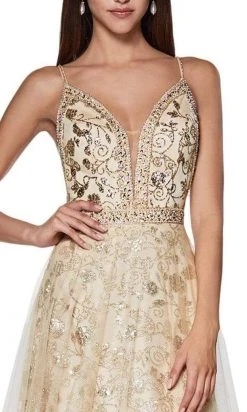 Cinderella Divine - Embroidered Plunging Neck Glitter Gown KC888 Formal Gowns