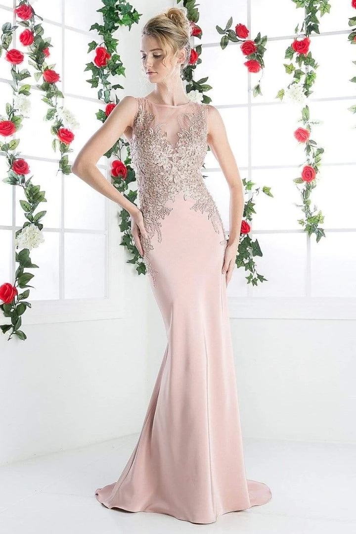 Cinderella Divine - Floral Applique Illusion Bateau Sheath Dress Formal Gowns 8 Cinderella Divine - Floral Applique Illusion Bateau Sheath Dress Formal Gowns