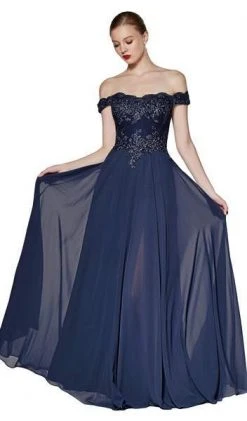 Cinderella Divine - Flowy Chiffon Lace Embellished A-Line Gown 7258 Formal Gowns