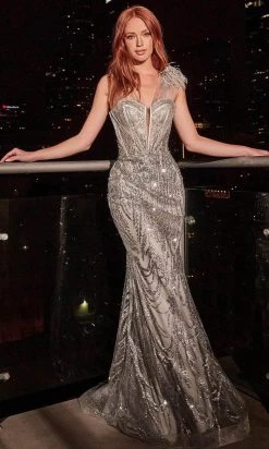 Formal Gowns Cinderella Divine - Glitter Lace Sheath Prom Gown CB087 - 1 Pc Silver In Size 16 Available