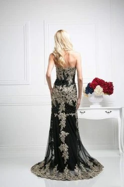 Cinderella Divine - Gold Applique Scalloped Neck Sheath Dress