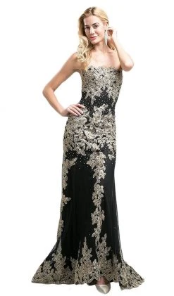 Cinderella Divine - Gold Applique Scalloped Neck Sheath Dress