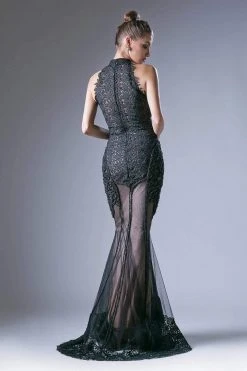 Cinderella Divine - 496 High Halter Neck Sheer Embellished Evening Gown