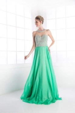 Cinderella Divine - High Halter Pearl Adorned Bodice Chiffon Gown