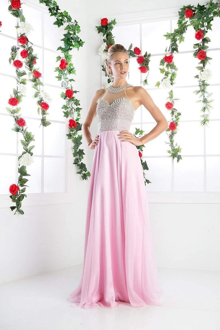 Cinderella Divine - High Halter Pearl Adorned Bodice Chiffon Gown 10 Cinderella Divine - High Halter Pearl Adorned Bodice Chiffon Gown