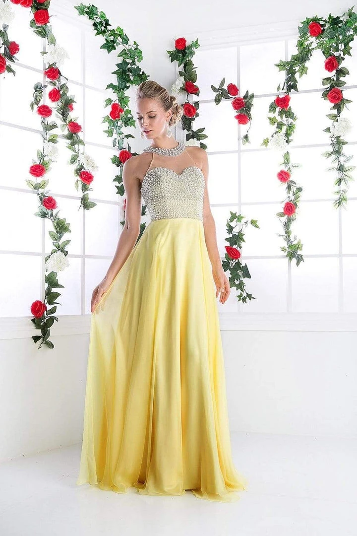 Cinderella Divine - High Halter Pearl Adorned Bodice Chiffon Gown 7 Cinderella Divine - High Halter Pearl Adorned Bodice Chiffon Gown