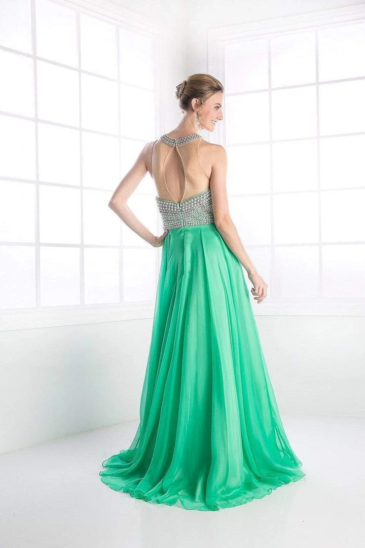 Cinderella Divine - High Halter Pearl Adorned Bodice Chiffon Gown 6 Cinderella Divine - High Halter Pearl Adorned Bodice Chiffon Gown