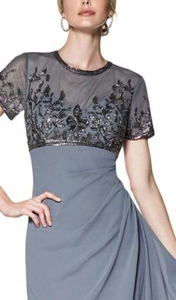 Cinderella Divine - J0295 Vine Embroidered Sheer Short Sleeve Drape Ruffle Dress - 1 Pc Gray In Size 8 Available Formal Gowns